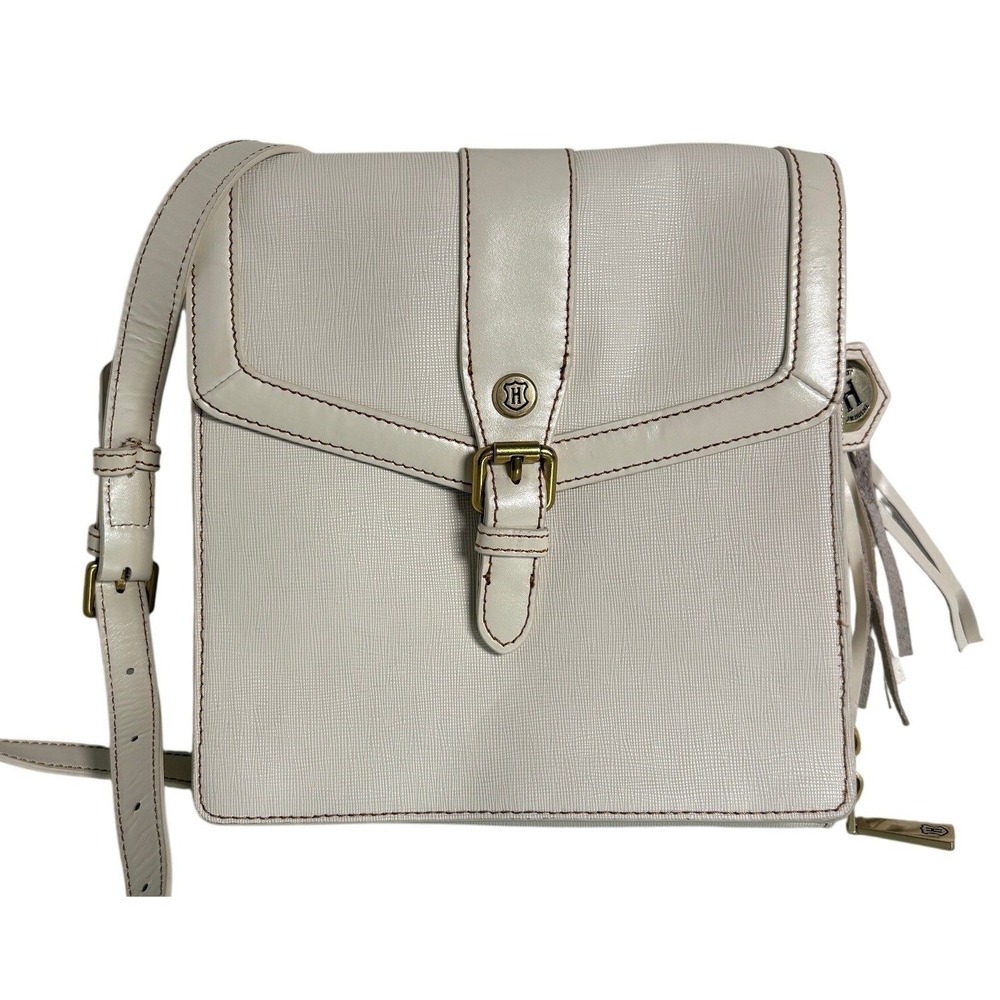 JW Hulme Cream Textured Leather Crossbody Organizer Bag Tassel Brass Hardware